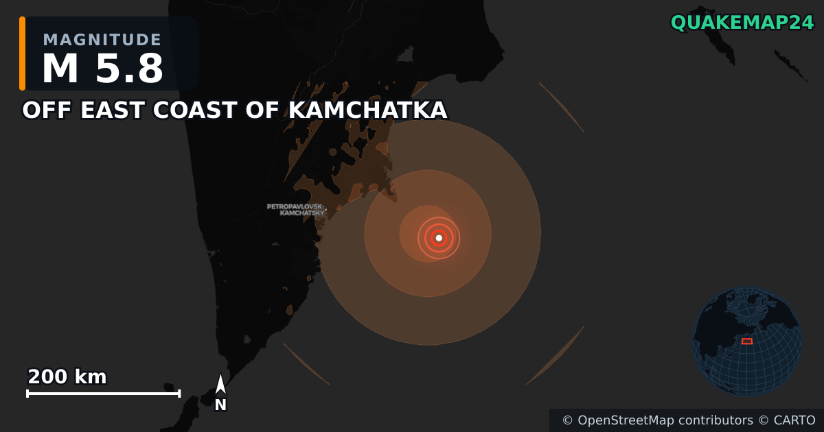 M5.8 earthquake near OFF EAST COAST OF KAMCHATKA on Jun 20, 2026 — map of epicenter and shaking intensity | QuakeMap24