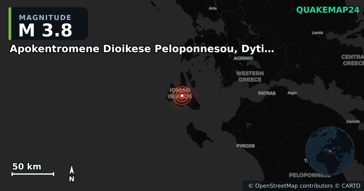M3.8 earthquake near Apokentromene Dioikese Peloponnesou, Dytikes Elladas kai Ioniou on Jul 11, 2025 — map of epicenter and shaking intensity | QuakeMap24