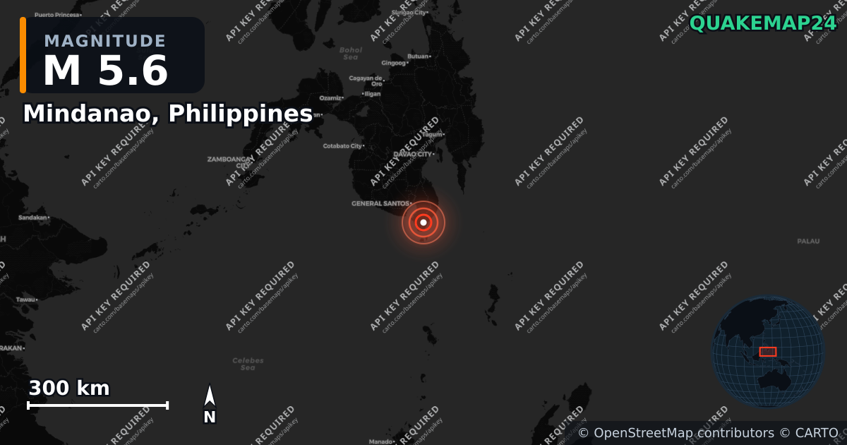 M5.6 earthquake near Mindanao, Philippines on Jun 15, 2026 — map of epicenter and shaking intensity | QuakeMap24