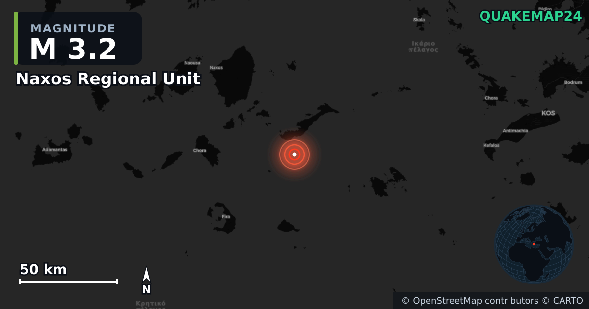 M3.2 earthquake near Naxos Regional Unit on Aug 5, 2026 — map of epicenter and shaking intensity | QuakeMap24