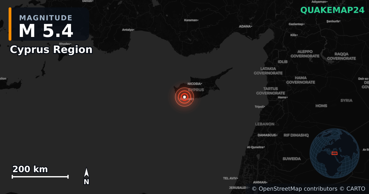 M5.4 earthquake near Cyprus Region on Nov 12, 2025 — map of epicenter and shaking intensity | QuakeMap24