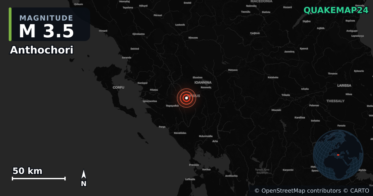 M3.5 earthquake near Anthochori on May 5, 2026 — map of epicenter and shaking intensity | QuakeMap24