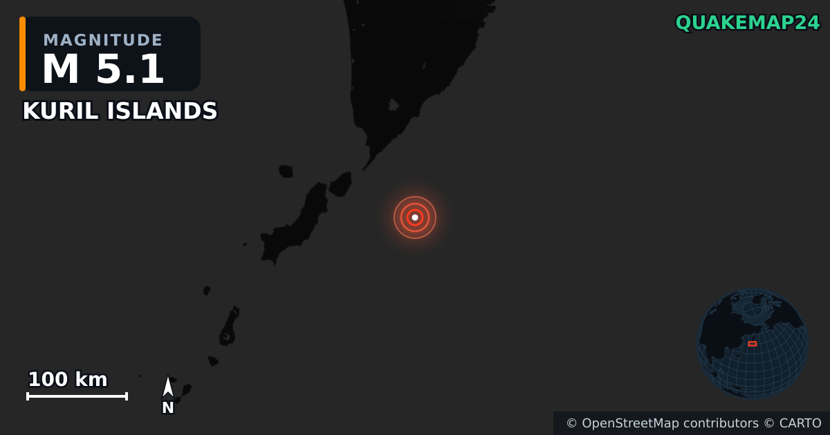 M5.1 earthquake near KURIL ISLANDS on Aug 5, 2025 — map of epicenter and shaking intensity | QuakeMap24