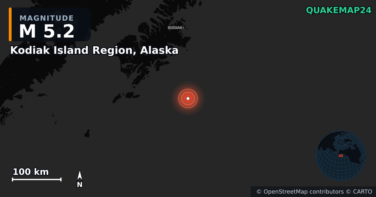 M5.2 earthquake near Kodiak Island Region, Alaska on Sep 1, 2025 — map of epicenter and shaking intensity | QuakeMap24