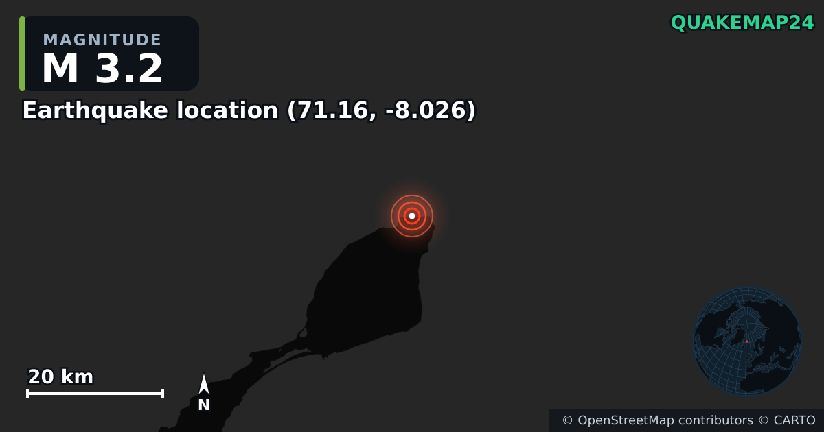 M3.2 earthquake near Earthquake location (71.16, -8.026) on Oct 5, 2025 — map of epicenter and shaking intensity | QuakeMap24
