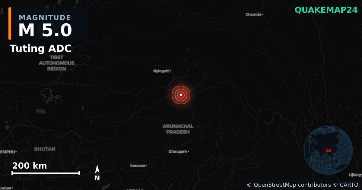 M5.0 earthquake near Tuting ADC on Aug 5, 2026 — map of epicenter and shaking intensity | QuakeMap24