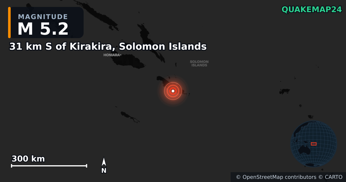 M5.2 earthquake near 31 km S of Kirakira, Solomon Islands on Jan 6, 2025 — map of epicenter and shaking intensity | QuakeMap24