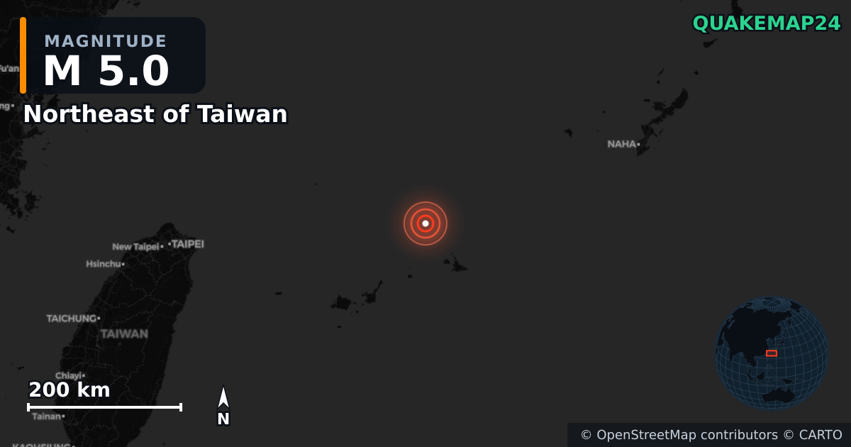 M5.0 earthquake near Northeast of Taiwan on Mar 2, 2026 — map of epicenter and shaking intensity | QuakeMap24