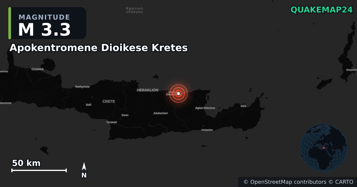 M3.3 earthquake near Apokentromene Dioikese Kretes on Jun 29, 2025 — map of epicenter and shaking intensity | QuakeMap24