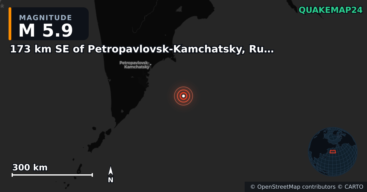 M5.9 earthquake near 173 km SE of Petropavlovsk-Kamchatsky, Russia on Jul 30, 2025 — map of epicenter and shaking intensity | QuakeMap24