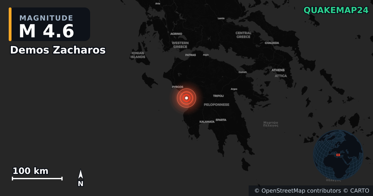 M4.6 earthquake near Demos Zacharos on Mar 20, 2026 — map of epicenter and shaking intensity | QuakeMap24