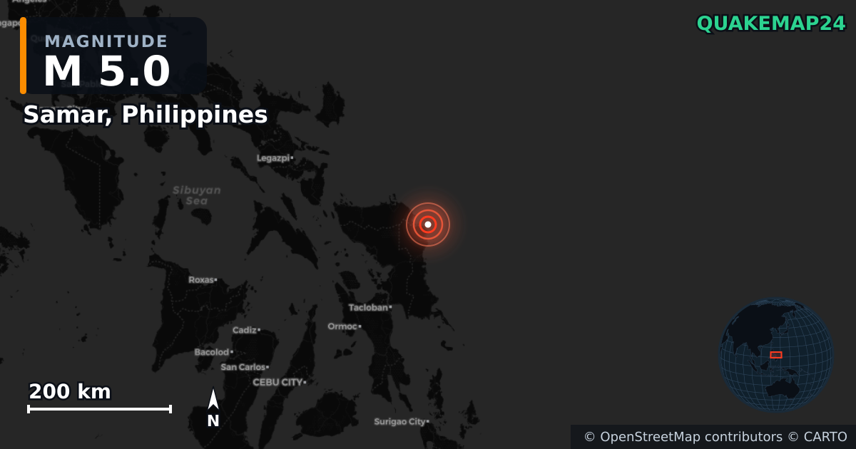 Σεισμός M5,0 κοντά στο Samar, Philippines — Χάρτης της θέσης του επικέντρου
