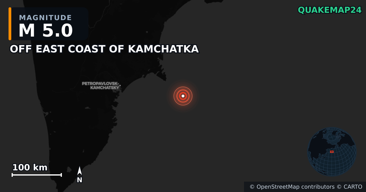 M5.0 earthquake near OFF EAST COAST OF KAMCHATKA on Sep 19, 2025 — map of epicenter and shaking intensity | QuakeMap24