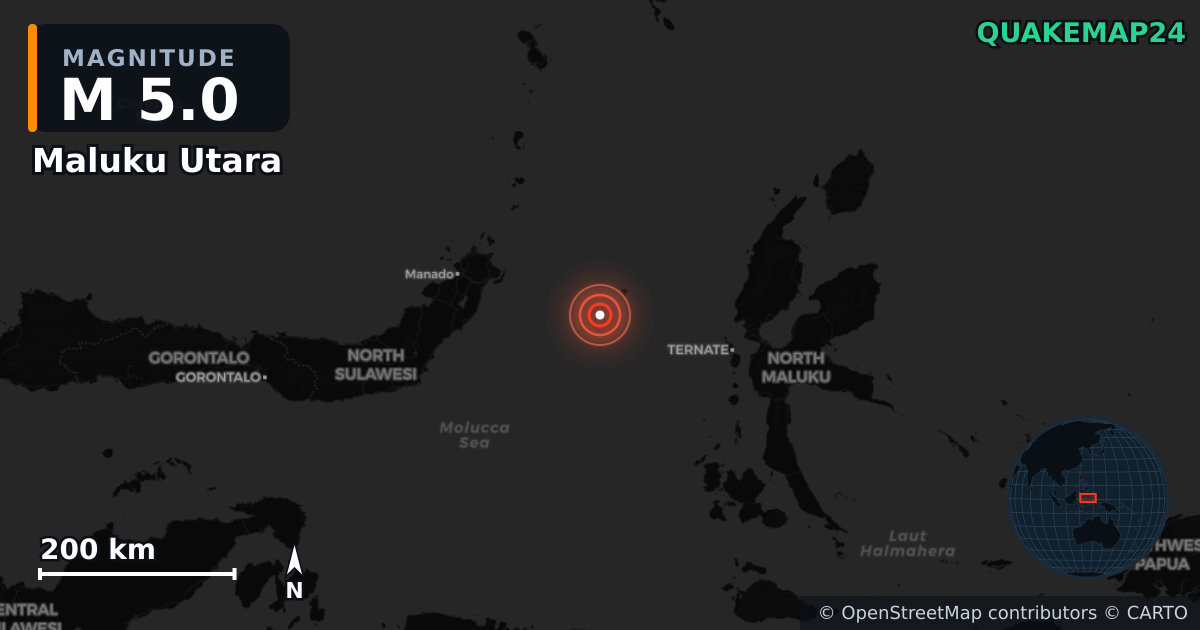 M5.0 earthquake near Maluku Utara on Jan 13, 2026 — map of epicenter and shaking intensity | QuakeMap24