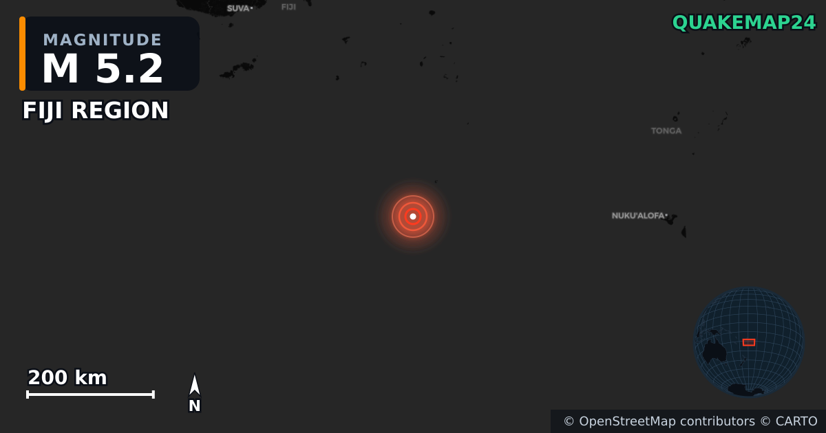 M5.2 earthquake near FIJI REGION on Jun 18, 2025 — map of epicenter and shaking intensity | QuakeMap24