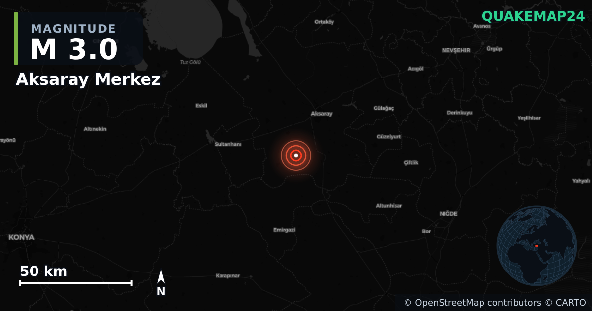 M3.0 earthquake near Aksaray Merkez on Nov 8, 2025 — map of epicenter and shaking intensity | QuakeMap24