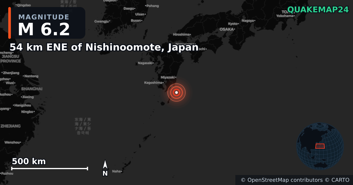 M6.2 earthquake near 54 km ENE of Nishinoomote, Japan on Apr 2, 2025 — map of epicenter and shaking intensity | QuakeMap24