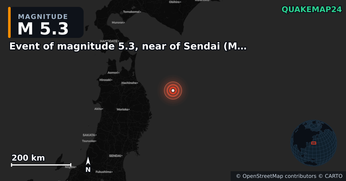 M5.3 earthquake near Event of magnitude 5.3, near of Sendai (Monde) on Jan 28, 2026 — map of epicenter and shaking intensity | QuakeMap24