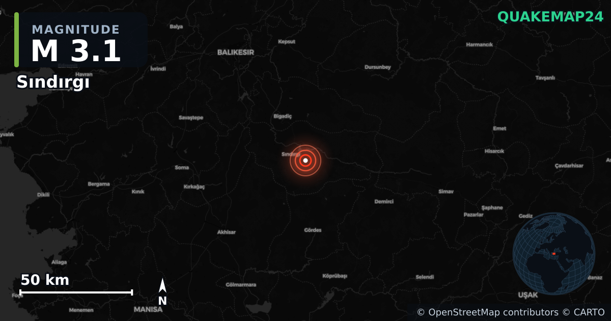 M3.1 earthquake near Sındırgı on Dec 11, 2025 — map of epicenter and shaking intensity | QuakeMap24