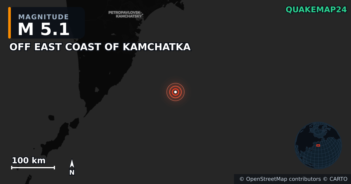 M5.1 earthquake near OFF EAST COAST OF KAMCHATKA on Sep 10, 2025 — map of epicenter and shaking intensity | QuakeMap24