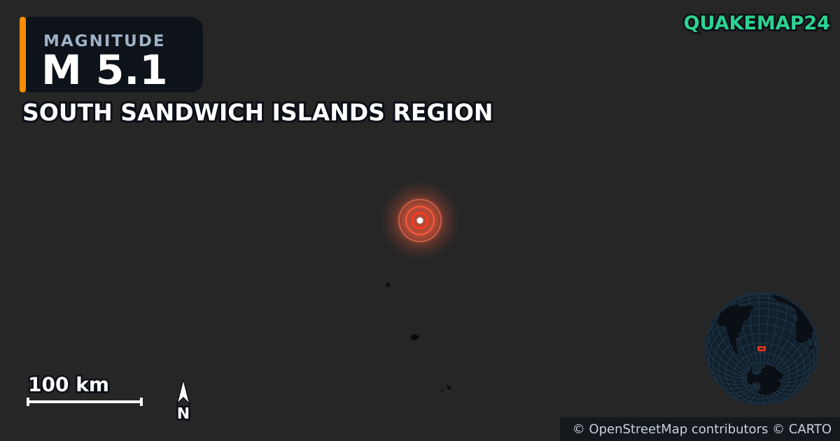 M5.1 earthquake near SOUTH SANDWICH ISLANDS REGION on Jun 28, 2025 — map of epicenter and shaking intensity | QuakeMap24