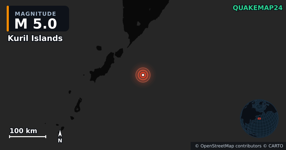 M5.0 earthquake near Kuril Islands on Jul 30, 2025 — map of epicenter and shaking intensity | QuakeMap24