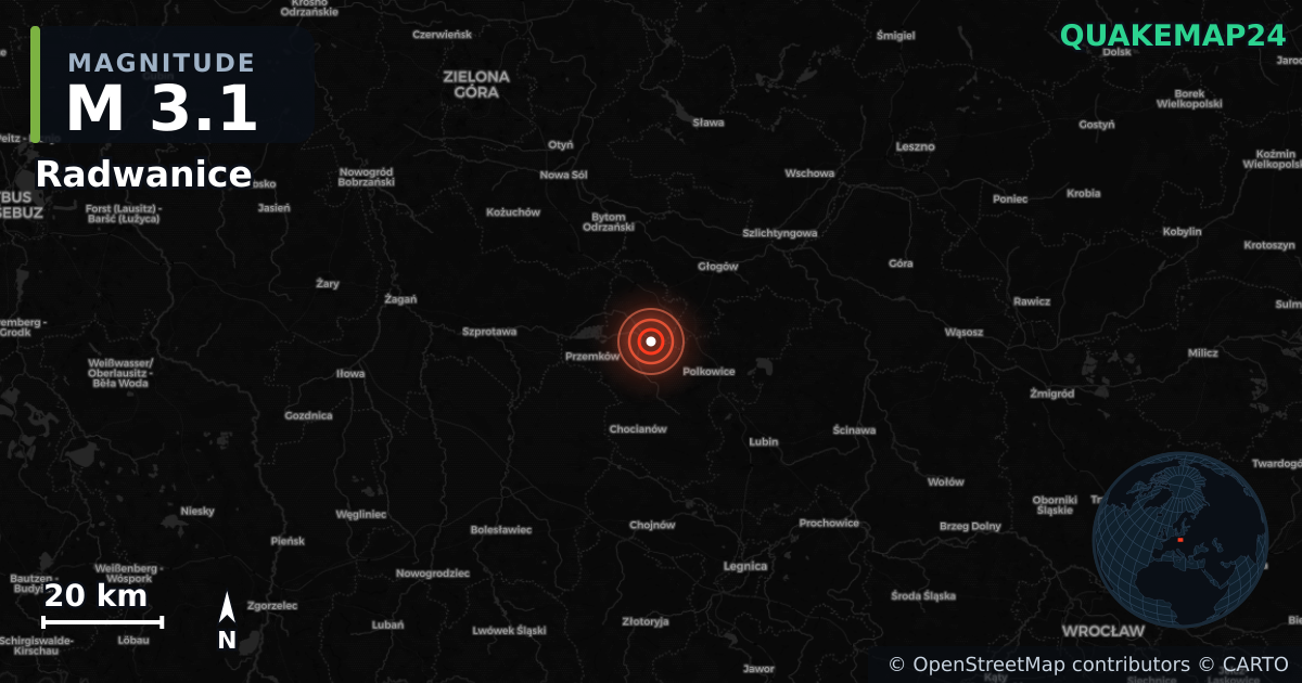M3.1 earthquake near Radwanice on Feb 8, 2026 — map of epicenter and shaking intensity | QuakeMap24