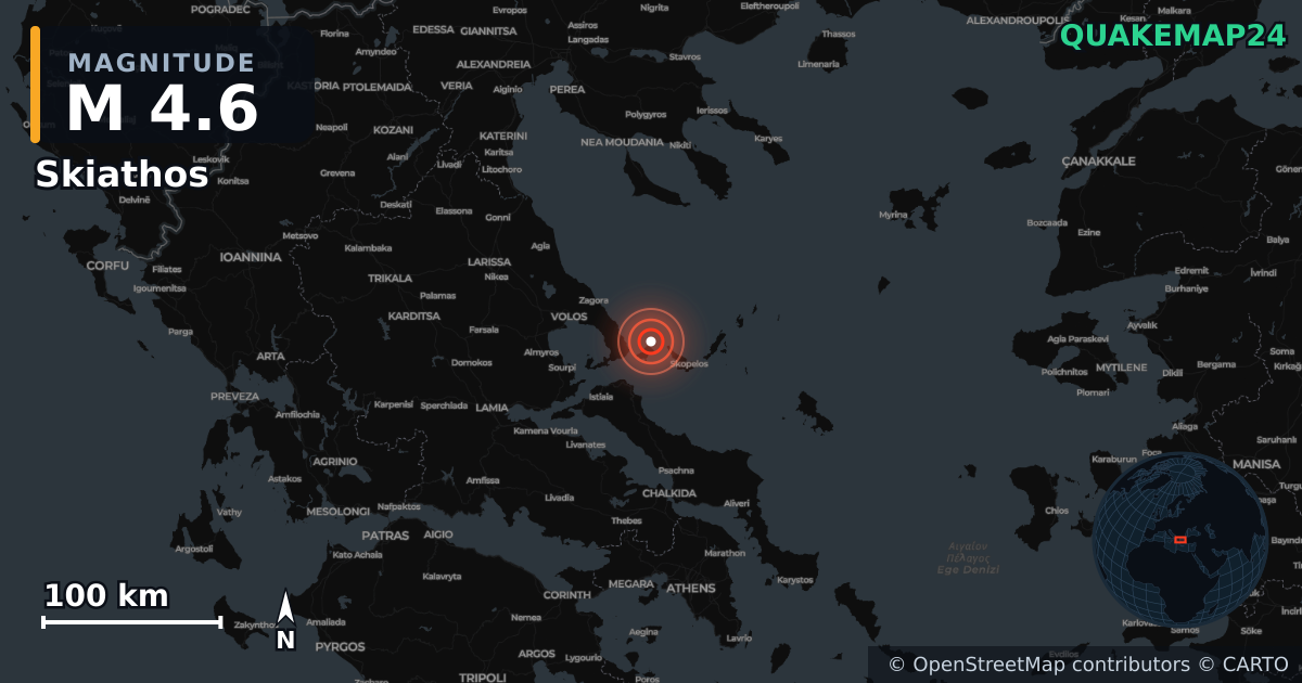 Σεισμός M4,6 κοντά στο Skiathos, Thessaly (Ελλάδα) · 2026-04-28 — Χάρτης της θέσης του επικέντρου