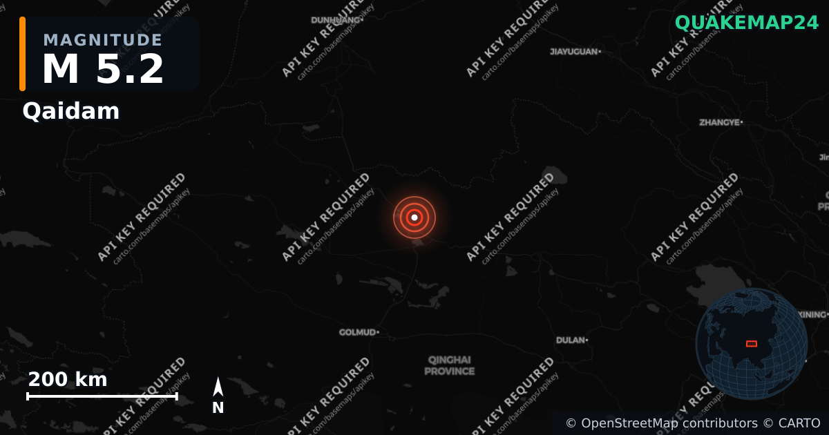 M5.2 earthquake near Qaidam on Sep 3, 2026 — map of epicenter and shaking intensity | QuakeMap24