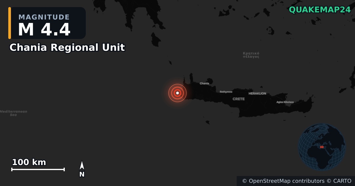 M4.4 earthquake near Chania Regional Unit on Jul 7, 2026 — map of epicenter and shaking intensity | QuakeMap24