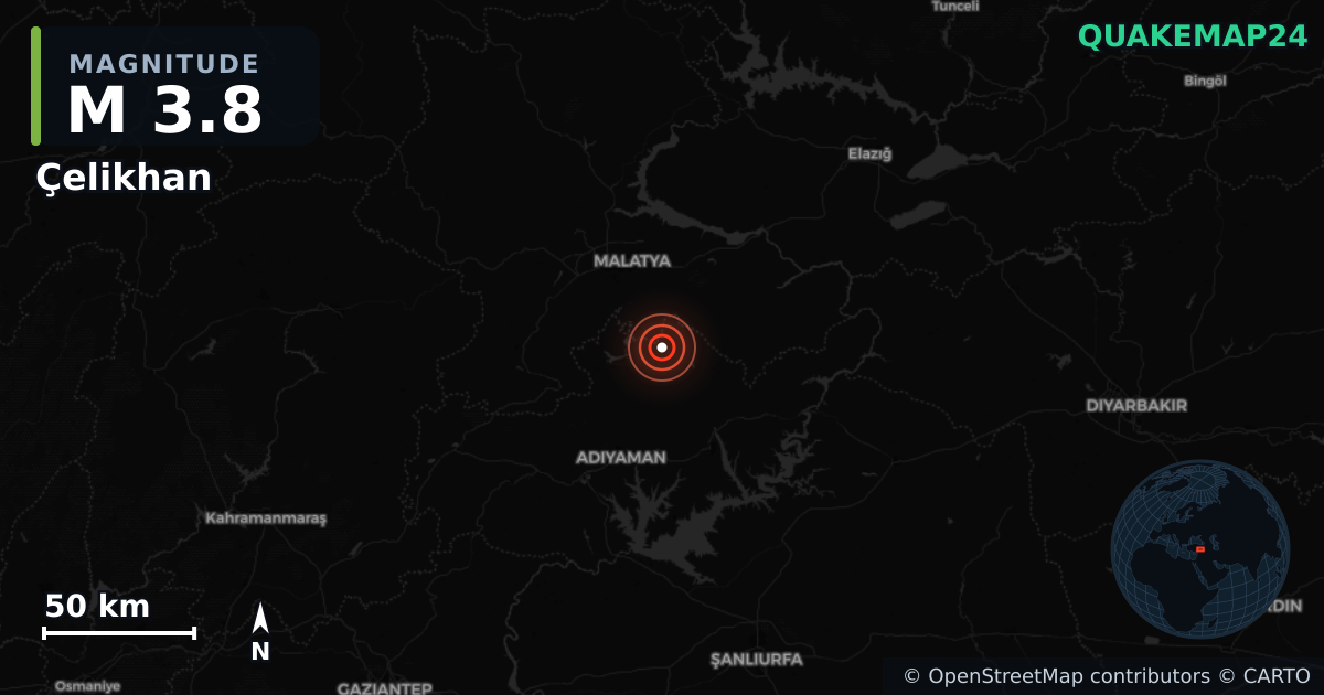 M3.8 earthquake near Çelikhan on Sep 15, 2025 — map of epicenter and shaking intensity | QuakeMap24