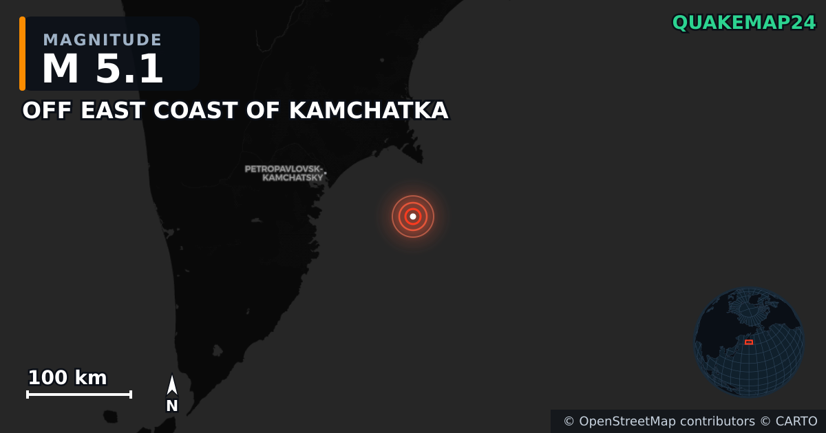 OFF EAST COAST OF KAMCHATKA yakınında M5,1 deprem — Deprem merkez üssünün konumunu gösteren harita