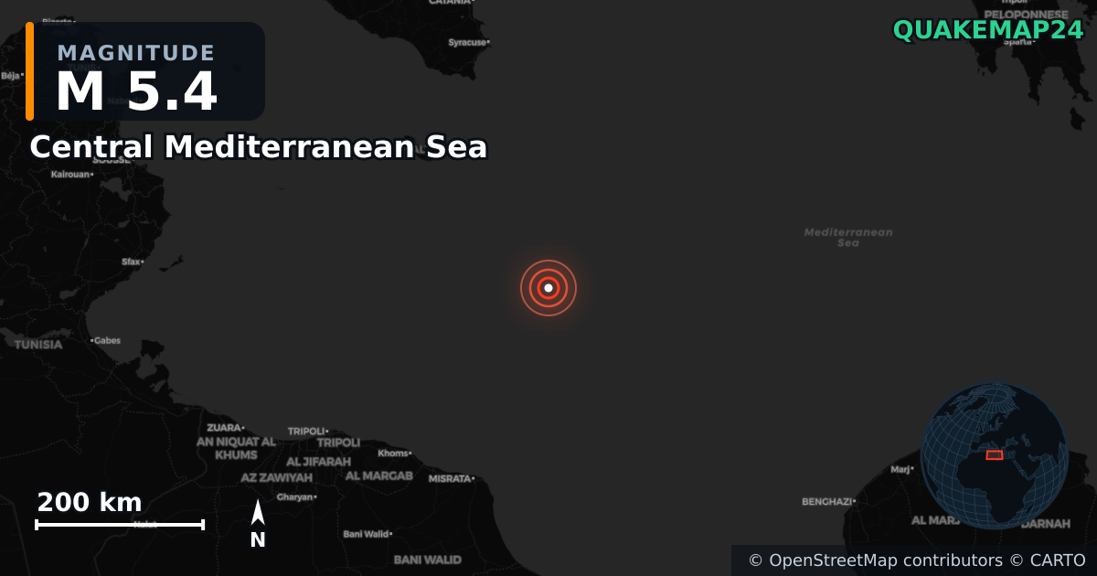 Central Mediterranean Sea yakınında M5,4 deprem — Deprem merkez üssünün konumunu gösteren harita