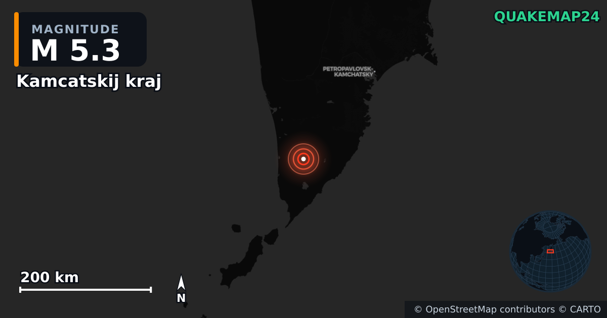 M5.3 earthquake near Kamcatskij kraj on Aug 7, 2025 — map of epicenter and shaking intensity | QuakeMap24