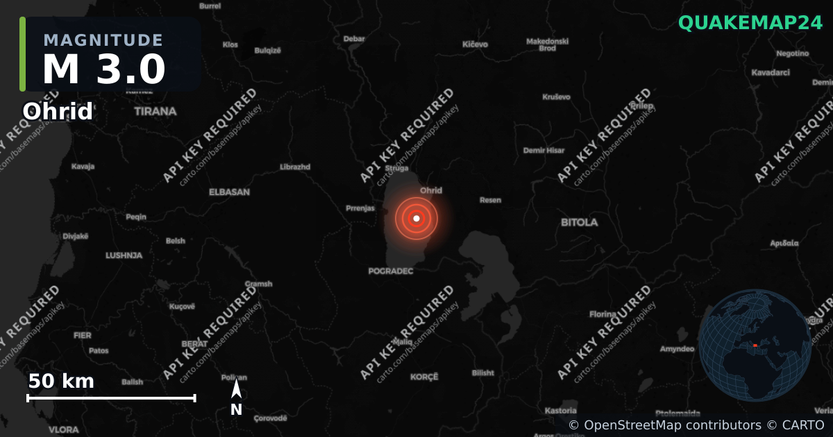M3.0 earthquake near Ohrid on Jun 11, 2026 — map of epicenter and shaking intensity | QuakeMap24