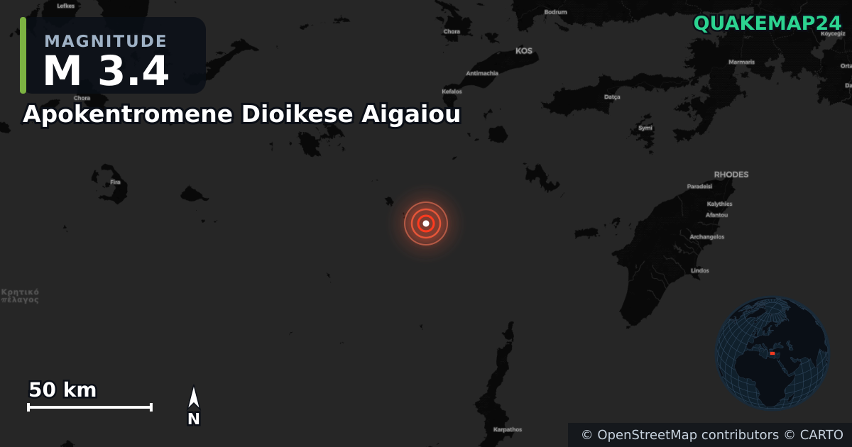 M3.4 earthquake near Apokentromene Dioikese Aigaiou on Jun 29, 2025 — map of epicenter and shaking intensity | QuakeMap24