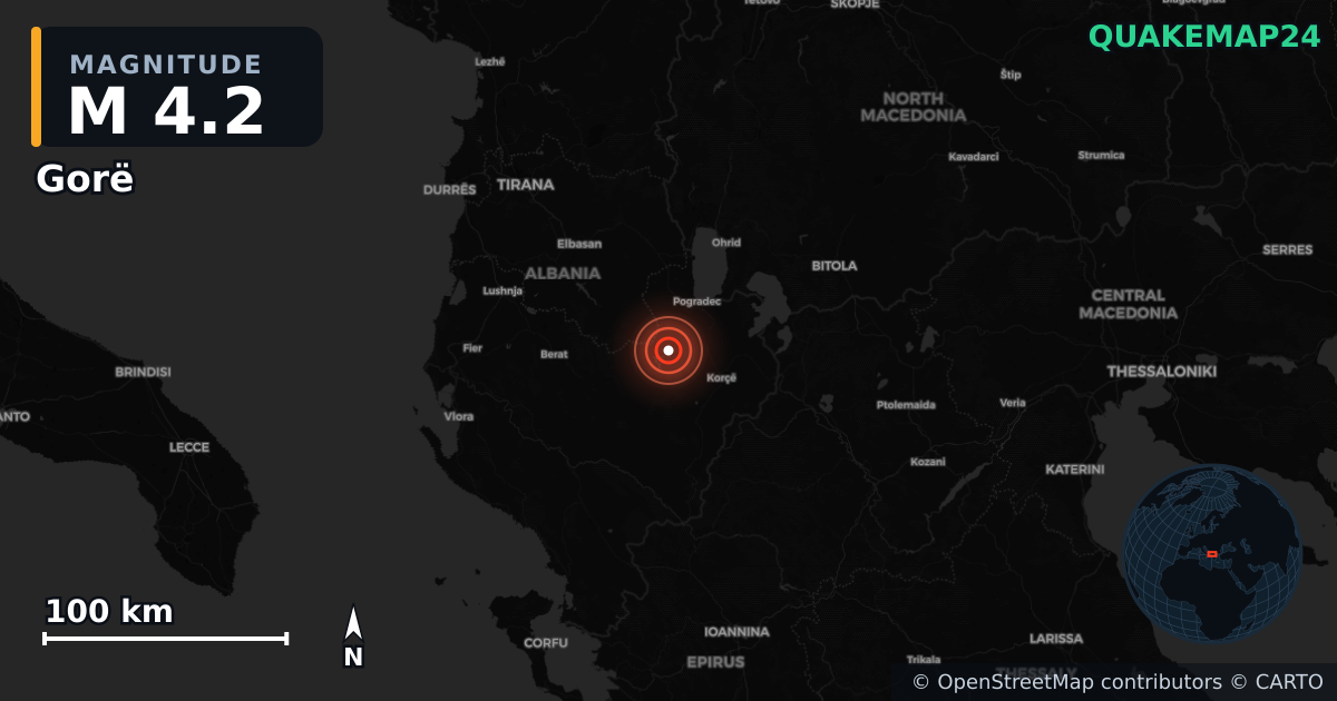 M4.2 earthquake near Gorë on Jan 16, 2026 — map of epicenter and shaking intensity | QuakeMap24