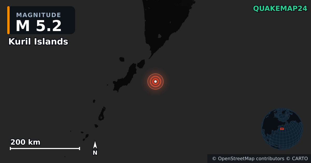 M5.2 earthquake near Kuril Islands on Aug 11, 2025 — map of epicenter and shaking intensity | QuakeMap24