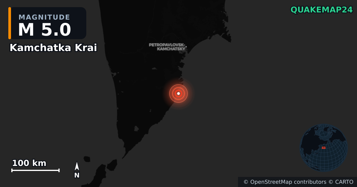 M5.0 earthquake near Kamchatka Krai on Jul 15, 2026 — map of epicenter and shaking intensity | QuakeMap24