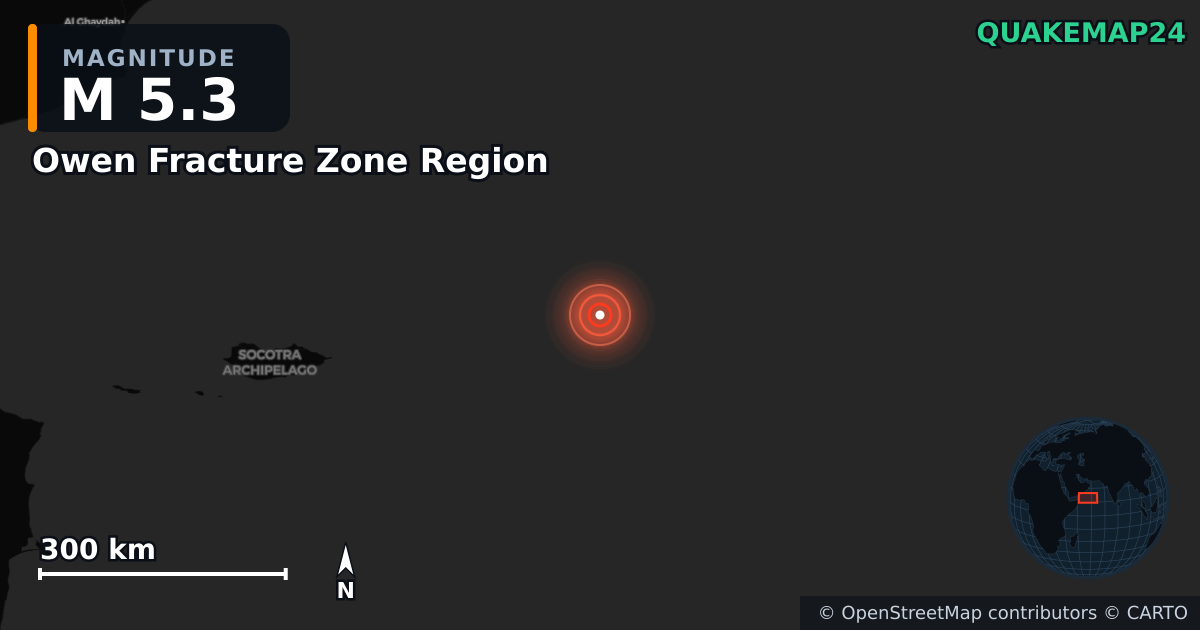Erdbeben M5,3 bei Owen Fracture Zone Region — Karte der Lage des Epizentrums