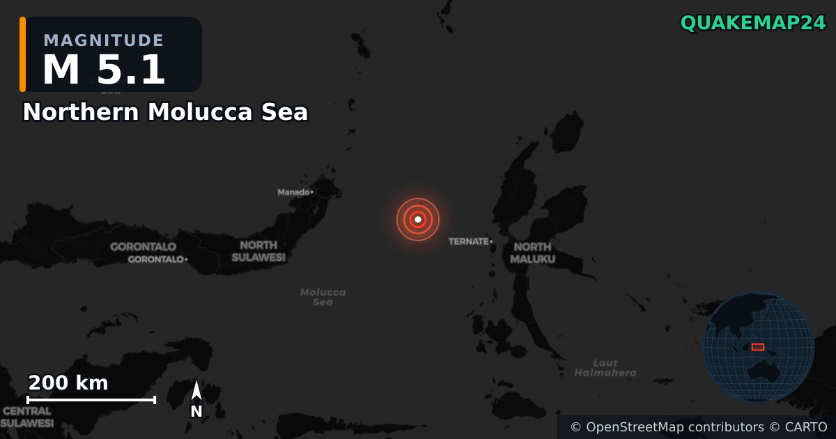 Erdbeben M5,1 bei Northern Molucca Sea — Karte der Lage des Epizentrums