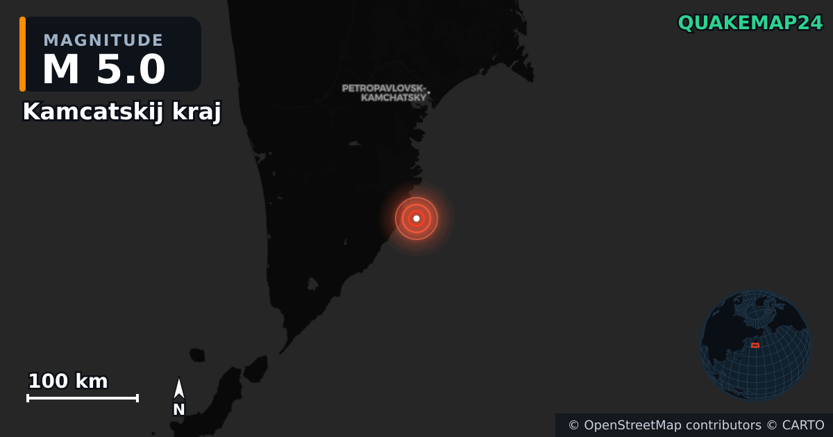 M5.0 earthquake near Kamcatskij kraj on Sep 17, 2025 — map of epicenter and shaking intensity | QuakeMap24