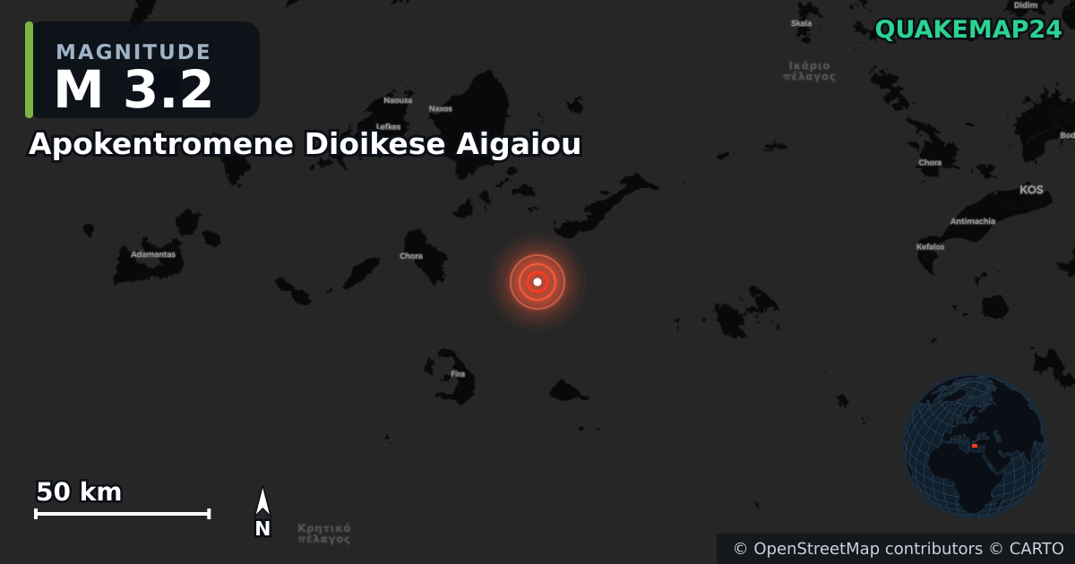 M3.2 earthquake near Apokentromene Dioikese Aigaiou on Oct 1, 2025 — map of epicenter and shaking intensity | QuakeMap24