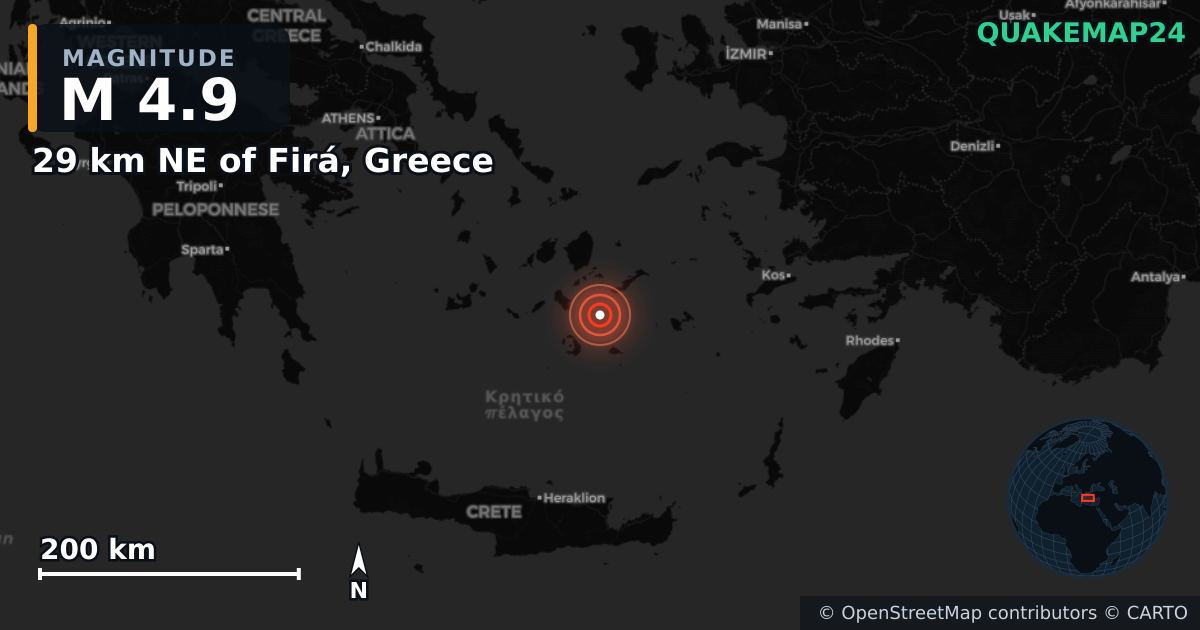 M4.9 earthquake near 29 km NE of Firá, Greece on Feb 3, 2025 — map of epicenter and shaking intensity | QuakeMap24