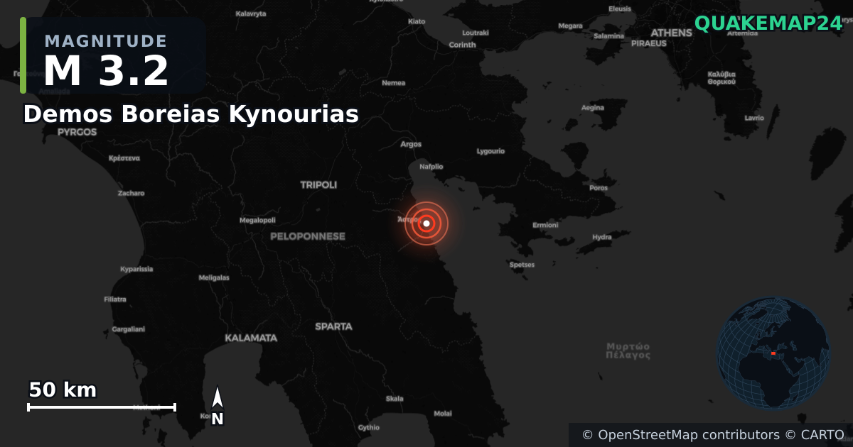 M3.2 earthquake near Demos Boreias Kynourias on Sep 18, 2025 — map of epicenter and shaking intensity | QuakeMap24