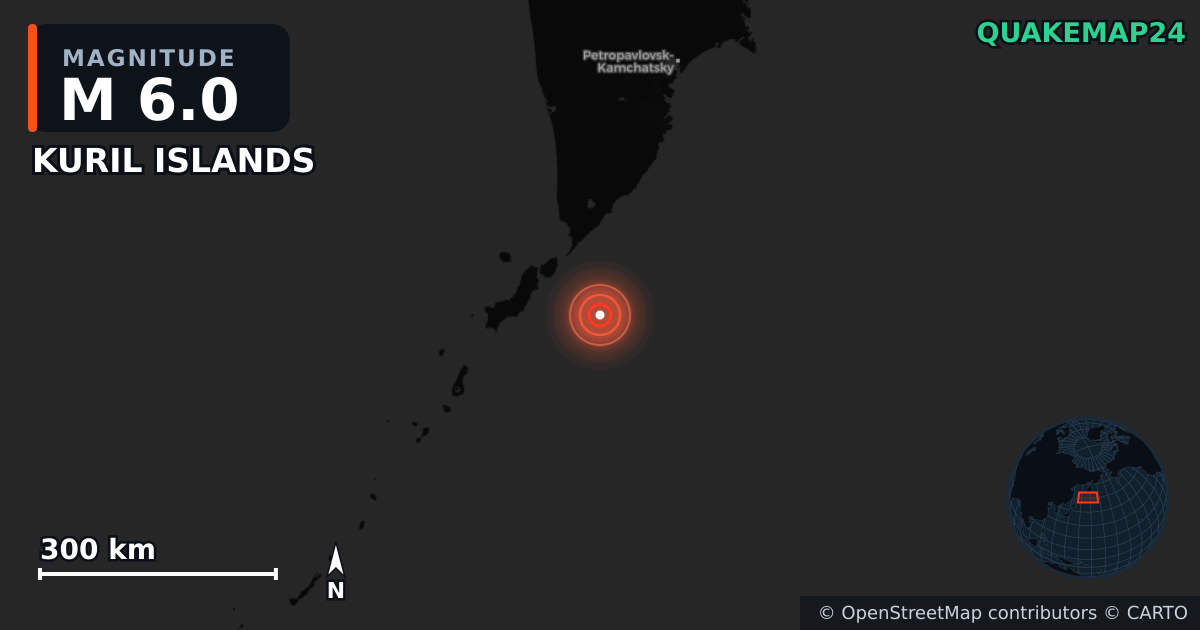 M6.0 earthquake near KURIL ISLANDS on Jun 7, 2026 — map of epicenter and shaking intensity | QuakeMap24