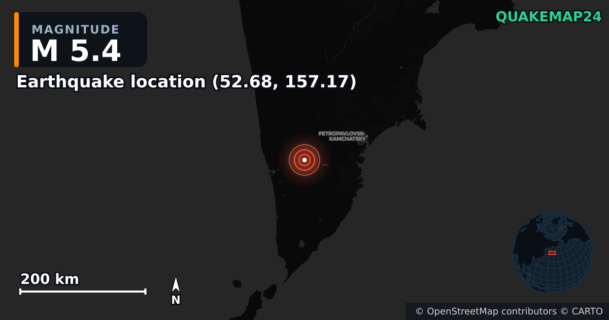M5.4 earthquake near Deprem konumu (52.68, 157.17) on Aug 10, 2025 — map of epicenter and shaking intensity | QuakeMap24