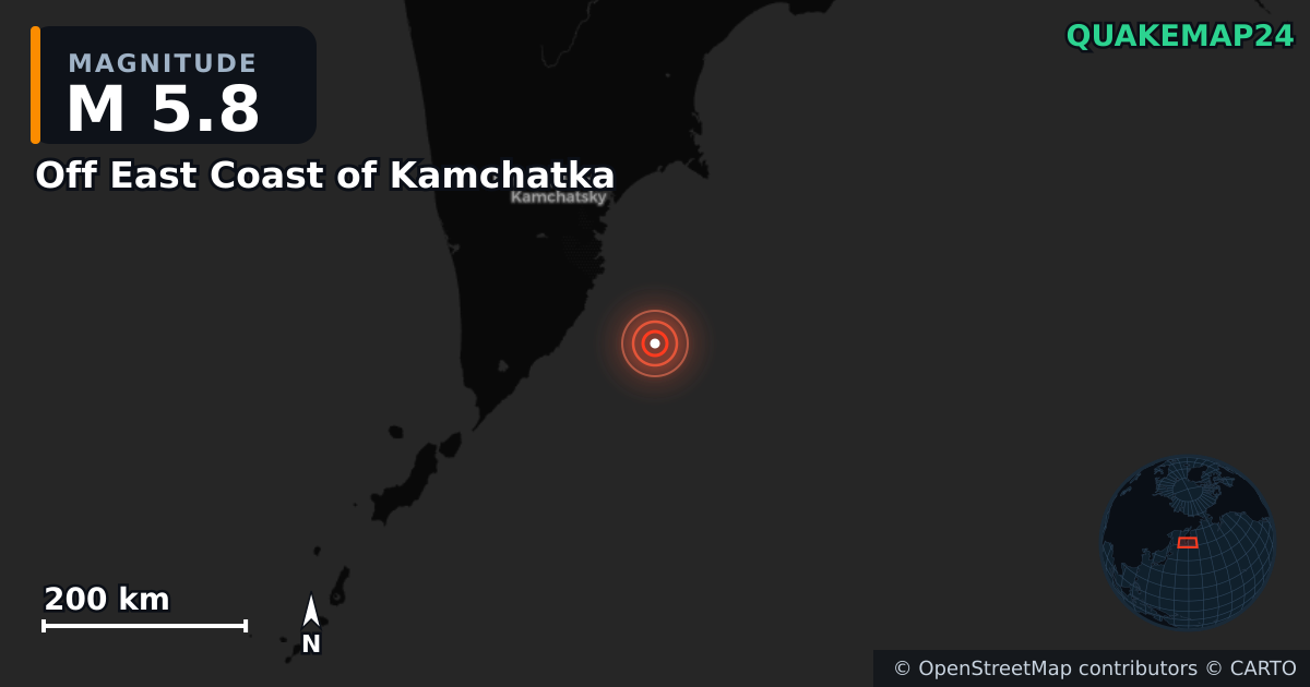 M5.8 earthquake near Off East Coast of Kamchatka on Sep 22, 2025 — map of epicenter and shaking intensity | QuakeMap24
