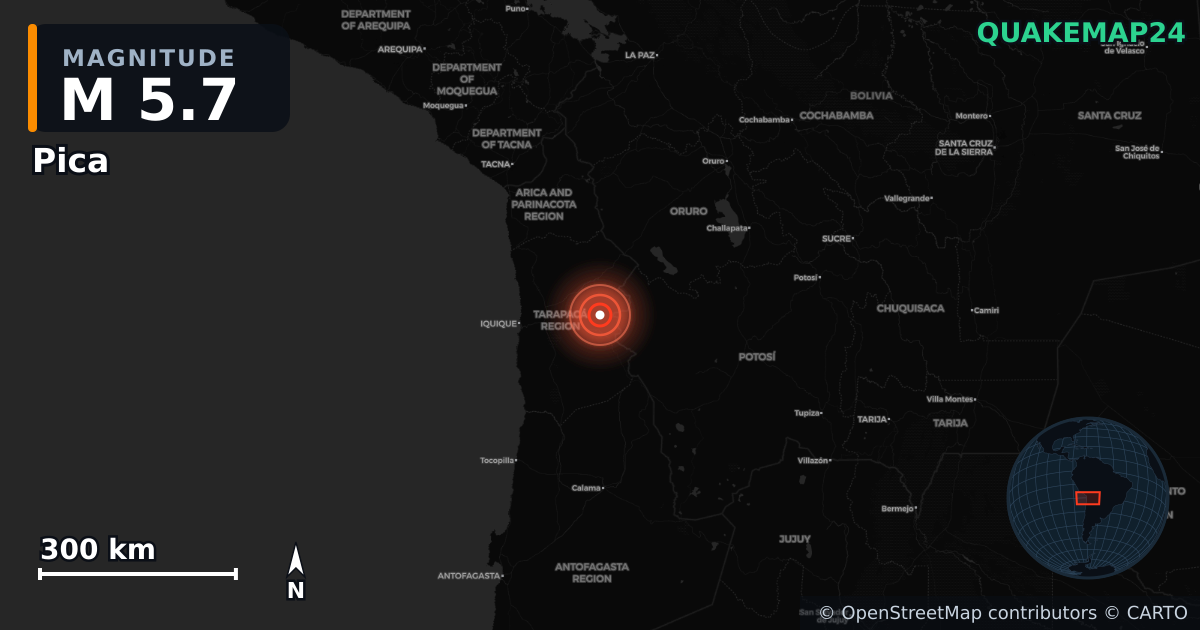 M5.7 earthquake near Pica on Feb 8, 2026 — map of epicenter and shaking intensity | QuakeMap24