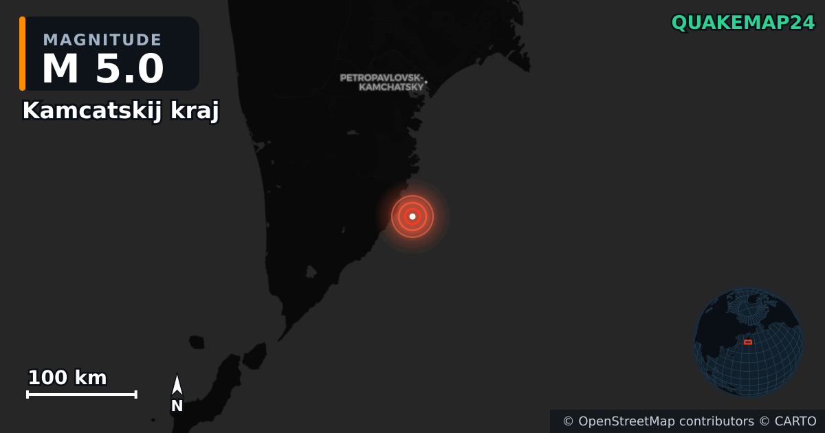 M5.0 earthquake near Kamcatskij kraj on Jan 12, 2026 — map of epicenter and shaking intensity | QuakeMap24